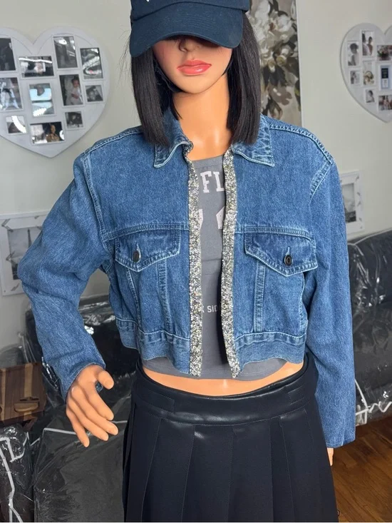 Cropped Blue Denim Jacket with Custom Rhinestone Trim - Picture 1 of 3